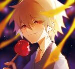  1boy bangs blurry chiiiirou depth_of_field grey_hair hair_between_eyes highres light_particles looking_at_viewer male_focus nagisa_kaworu neon_genesis_evangelion portrait red_eyes ribbon sky star_(sky) starry_sky wind yellow_ribbon 