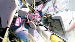  absurdres battle commentary debris exhaust funnels_(gundam) glowing glowing_eyes gundam gundam_hathaway's_flash highres kyo_(0155498) mecha missile mobile_suit no_humans penelope_(hathaway's_flash) pink_eyes robot science_fiction solo upper_body v-fin weapon 