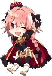  1boy androgynous arm_up armored_skirt astolfo_(fate) astolfo_(rider)_(fate) astolfo_(third_ascension)_(fate) black_bow black_garter_straps black_sweater black_thighhighs boots bow braid cape crown deformed english_commentary fang fate/apocrypha fate_(series) full_body fur-trimmed_cape fur_trim garter_straps gauntlets gold_trim gorget hair_bow hair_intakes hiirotaka light_blush long_hair male_focus mini_crown multicolored_hair non-web_source official_alternate_costume one_eye_closed open_mouth pink_hair red_cape riding_boots simple_background single_braid skin_fang smile solo streaked_hair sweater thigh-highs transparent_background violet_eyes white_boots white_hair zettai_ryouiki 