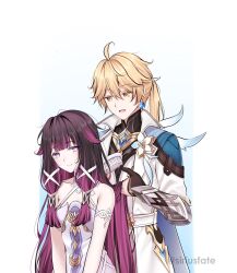  1boy 1girl aether_(as_heaven_and_earth_are_made_anew)_(genshin_impact) aether_(genshin_impact) ahoge arm_armor bare_shoulders black_gloves black_hair black_shirt blonde_hair bright_pupils brushing_another's_hair brushing_hair closed_mouth coat columbina_(genshin_impact) commentary dress earrings flower genshin_impact gloves hair_between_eyes hair_brush hair_ribbon highres holding_another's_hair jewelry light_blush long_hair long_sleeves looking_at_another mandarin_collar multicolored_hair official_alternate_costume official_alternate_hairstyle open_mouth partially_fingerless_gloves ponytail purple_hair ravinca ribbon shirt simple_background smile star_(symbol) star_earrings symbol-only_commentary twitter_username two-tone_hair very_long_hair violet_eyes white_background white_coat white_dress white_flower white_pupils white_ribbon yellow_eyes 