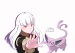  1girl bangs black_jacket blunt_bangs closed_mouth crossover espeon fire_emblem fire_emblem:_three_houses floating_hair garreg_mach_monastery_uniform highres jacket long_hair long_sleeves looking_at_viewer outstretched_arm pink_eyes pokemon pokemon_(creature) simple_background soc_nau solo straight_hair twitter_username violet_eyes white_background white_hair 