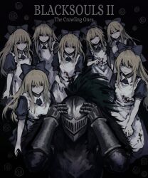  1boy 6+girls alice_(black_souls) apron armor black_souls black_souls_2 blonde_hair blood blood_on_clothes blue_dress bow copyright_name dress elemi_souls english_text expressionless full_armor grimm_(black_souls) hair_bow hands_on_own_head hashtag-only_commentary highres long_hair multiple_girls puffy_short_sleeves puffy_sleeves short_sleeves smile white_apron 