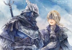  1boy 1girl armor ascot black_scarf blonde_hair blue_background blue_jacket blue_tunic breastplate brooch covered_eyes covered_face duchess_(elden_ring) elden_ring elden_ring_nightreign eye_mask gloves hand_up hashtag-only_commentary helmet jacket jewelry low_ponytail mask open_mouth pauldrons pii0iip ponytail scarf shoulder_armor smile sword sword_on_back tunic upper_body weapon weapon_on_back white_ascot white_gloves winged_helmet wylder_(elden_ring) 