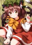  1girl animal_ears blush brown_eyes brown_hair cat_ears cat_tail chen closed_mouth dress earrings fang green_headwear hair_between_eyes hat highres jewelry long_sleeves mob_cap multiple_tails red_dress ruu_(tksymkw) short_hair single_earring smile solo tail touhou two_tails 