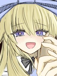  1boy 1girl :d alice_(black_souls) alice_(black_souls)_(cosplay) black_ribbon black_souls black_souls_2 blonde_hair blue_bow blush bow bright_pupils chinese_commentary commentary_request cosplay grimm_(black_souls) hair_between_eyes hair_bow hair_flaps hand_on_own_cheek hand_on_own_face highres holding_hands large_bow long_hair looking_at_viewer neck_ribbon nose_blush open_mouth portrait pov pov_hands prickett_(black_souls) ribbon sad_smile smile solo_focus spoilers star-shaped_pupils star_(symbol) straight_hair symbol-shaped_pupils tearing_up tears tianyingyyy0721 violet_eyes yellow_pupils 