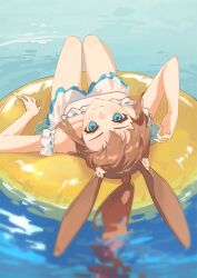  1girl amiya_(arknights) animal_ear_fluff animal_ears arknights bikini blue_eyes blush brown_hair chinese_commentary closed_mouth commentary_request highres long_hair looking_at_viewer mikann_(clm_mikan) ocean ponytail rabbit_ears rabbit_girl skirt smile solo swim_ring swimsuit white_bikini white_skirt 