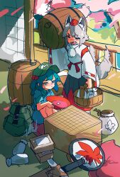  2girls @_@ absurdres animal_ears backpack bag barrel blue_hair blue_skirt blush closed_eyes commentary_request cup doggo_1d34 green_bag green_hat grey_hair hair_bobbles hair_ornament hat highres holding holding_barrel holding_cup inubashiri_momiji kawashiro_nitori multiple_girls ribbon-trimmed_sleeves ribbon_trim sakazuki sheath sheathed shield signature sitting skirt sword tail tokin_hat tokkuri touhou two_side_up weapon wolf_ears wolf_girl wolf_tail 