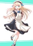  1girl alternate_costume apron black_dress blonde_hair blue_eyes commentary_request dress enmaided fuji_(pixiv24804665) highres jervis_(kancolle) kantai_collection long_hair looking_at_viewer maid maid_headdress mary_janes shoes short_sleeves smile socks solo white_apron white_legwear 