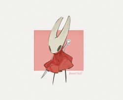  1girl arthropod_girl artist_name black_eyes border chinese_commentary cloak commentary_request film_grain full_body grey_border halftone hightguy hollow_knight hornet_(hollow_knight) horns needle_(hollow_knight) outside_border red_background red_cloak simple_background solo square standing weapon weapon_on_back white_background 