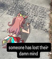  1girl agnes_digital_(full-color_fangirling)_(umamusume) agnes_digital_(umamusume) animal_ears bow commentary english_commentary from_behind green_bow hair_bow highres holding holding_marker horse_ears horse_girl horse_tail long_hair marker mashuudoesntdraw meme pink_hair skirt solo squatting tail two_side_up umamusume white_skirt 