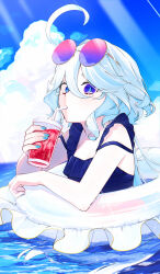  1girl absurdres afloat ahoge blue_eyes blue_hair blue_nails clouds commentary_request drinking drinking_straw drinking_straw_in_mouth eyewear_on_head furina_(genshin_impact) genshin_impact highres long_hair looking_at_viewer outdoors owl_5151 sky solo sunlight swim_ring swimsuit symbol-shaped_pupils twitter_username water 