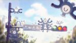  ^_^ arc_draws black_eyes blurry character_print closed_eyes clouds commentary_request day highres magnemite magneton no_humans outdoors pachirisu pokemon pokemon_(creature) sign sky traffic_light 