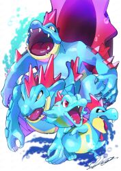  blue_claws blue_skin claws colored_skin commentary_request crocodilian croconaw evolutionary_line fangs feraligatr highres mega_feraligatr mega_pokemon no_humans open_mouth pokemon pokemon_(creature) pokemon_focus qua red_eyes sharp_teeth spikes tail teeth totodile water yellow_eyes 