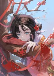  1girl bare_tree black_hair blue_background blue_eyes chinese_paper-cut coat facial_mark flower forehead_mark head_on_arm head_rest highres jia_ni long_hair looking_at_viewer paper_heron papercutting pink_coat red_flower red_ribbon reverse:1999 ribbon shirt smile snow solo tree upper_body white_shirt 
