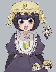  1girl apron black_dress black_eyes black_hair commentary_request dress elbow_gloves gloves grey_background hat highres kemono_friends kemono_friends_3 keroro_gunsou looking_at_viewer maid maid_apron maid_headdress neyomu short_hair simple_background tadpole tamama tamama_(kemono_friends) 