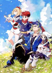  2boys 2girls adaman_(pokemon) akari_(pokemon) arm_wrap black_hair black_pantyhose blonde_hair blue_coat blue_hair blue_sky blush bracelet breasts brown_eyes celestica_flute closed_eyes closed_mouth clouds coat cocoa_s3 commentary_request eyebrow_cut eyelashes fangs flute galaxy_expedition_team_survey_corps_uniform grass green_hair grey_eyes grey_jacket hair_between_eyes hairband hat headscarf highres hisuian_zorua holding holding_flute holding_instrument instrument irida_(pokemon) jacket jewelry long_hair multicolored_hair multiple_boys multiple_girls music neck_ring open_mouth outdoors pants pantyhose playing_flute playing_instrument pokemon pokemon_(creature) pokemon_legends:_arceus ponytail red_hairband red_hat red_scarf red_shirt rei_(pokemon) sash scarf shirt shoes short_hair shorts sidelocks sitting sky smile socks strapless strapless_shirt waist_cape white_headscarf white_shorts white_socks yellow_eyes 