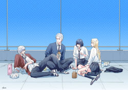  2boys 2girls anger_vein azuma_xoxo_9 black_socks blonde_hair blue_sweater collared_shirt commentary_request dante_(devil_may_cry) devil_may_cry_(series) eating food lady_(devil_may_cry) long_hair multiple_boys multiple_girls necktie pleated_skirt school_rooftop school_uniform shirt sitting skirt socks striped_clothes striped_necktie sweater trish_(devil_may_cry) vergil_(devil_may_cry) white_hair white_shirt 
