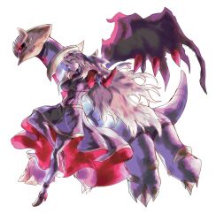  1girl black_dress black_sclera black_wings blonde_hair breasts colored_sclera commentary cynthia_(pokemon) cynthia_(sygna_suit)_(renegade)_(pokemon) dress english_commentary full_body giratina giratina_(altered) hair_over_one_eye high_heels highres long_hair official_alternate_costume pokemon pokemon_(creature) pokemon_masters_ex simple_background very_long_hair vincent_graphic_art white_background wings 