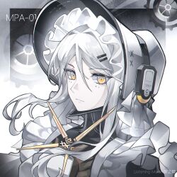  1girl absurdres apron artist_name bonnet character_name chinese_commentary commentary expressionless facial_mark from_side gears gradient_background haicma:_starveil_(pgr) haicma_(pgr) hair_between_eyes hair_intakes headgear highres looking_at_viewer looking_to_the_side maid maid_apron maid_headdress mark_under_both_eyes prototype_design punishing:_gray_raven sideways_glance solo space star_(sky) ting_zhi_yue white_bonnet white_hair yellow_eyes 