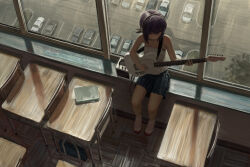  1girl amplifier an_yb bag black_skirt book breasts camisole chair classroom commentary desk earphones electric_guitar from_above full_body guitar highres holding holding_guitar holding_instrument indoors instrument looking_down miniskirt music on_windowsill original parking_lot playing_guitar playing_instrument ponytail purple_hair school school_bag school_desk shoes short_hair short_ponytail sitting skirt small_breasts socks solo symbol-only_commentary urban uwabaki white_camisole white_shoes white_socks window windowsill 