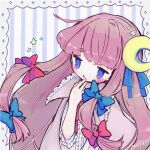  1girl blue_bow blue_eyes blue_ribbon blush bow cape center_frills crescent crescent_hair_ornament frilled_cape frilled_shirt frills hair_bow hair_ornament hair_ribbon hand_to_own_mouth long_hair m_(m073111) neck_ribbon no_hat no_headwear open_mouth patchouli_knowledge pink_shirt purple_cape purple_hair red_bow red_ribbon ribbon shirt signature solo star_(symbol) striped striped_shirt touhou two-tone_shirt upper_body vertical-striped_shirt vertical_stripes white_shirt 