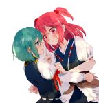  2girls bangs blue_kimono blue_vest blush bow brown_sash closed_mouth commentary_request cowboy_shot dutch_angle epaulettes green_eyes green_hair hair_bobbles hair_ornament highres japanese_clothes kimono long_sleeves looking_at_another multiple_girls obi onozuka_komachi red_bow red_eyes redhead sash shiki_eiki shirt short_hair shouko_(airen) simple_background sleeve_bow smile touhou two_side_up vest white_background white_shirt yuri 