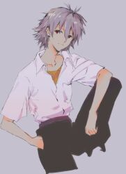  1boy arm_on_knee closed_mouth collared_shirt commentary_request cropped_legs grey_background grey_hair hair_between_eyes knee_up male_focus nagisa_kaworu neon_genesis_evangelion red_eyes shirt shirt_tucked_in short_hair simple_background sitting solo undershirt unfinished white_shirt yellow_shirt yorumi1117 