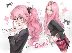  1girl aespa against_railing black-framed_eyewear black_bow black_shirt blunt_bangs bow character_name chinese_commentary commentary_request cowboy_shot giselle_(aespa) hair_down hair_up hand_up heart highres k-pop long_hair long_sleeves looking_at_viewer loose_hair_strand multiple_views one_side_up parted_lips pink_eyes pink_hair plaid_clothes plaid_skirt railing real_life red_skirt shirt side_ponytail sidelocks simple_background skirt smile sparkle teeth upper_body v wavy_hair white_background yeziii 