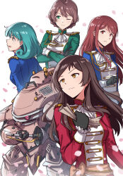  4girls absurdres aiguillette aki_(aoirowings) ascot black_gloves blue_jacket breasts brown_eyes brown_hair clenched_hand closed_mouth commentary_request epaulettes etoile_brilliant_(idolmaster) gloves green_eyes green_hair green_jacket highres holding holding_paper idolmaster idolmaster_million_live! idolmaster_million_live!_theater_days jacket kitazawa_shiho koubu long_hair long_sleeves multiple_girls official_alternate_costume paper red_eyes red_jacket robot sakura_taisen sakuramori_kaori short_hair tanaka_kotoha tokugawa_matsuri white_ascot white_background 