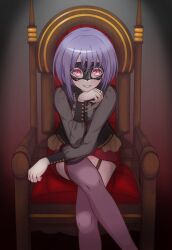  1girl amoris_(bang_dream!) atama_(abmbbmsbcg) bang_dream! bang_dream!_it's_mygo!!!!! black_mask black_shirt chair commentary crossed_legs garter_straps highres long_sleeves looking_at_viewer mask masquerade_mask open_mouth pink_eyes purple_hair red_shorts red_thighhighs see-through_clothes see-through_sleeves shirt short_hair shorts sitting solo thigh-highs yuutenji_nyamu 