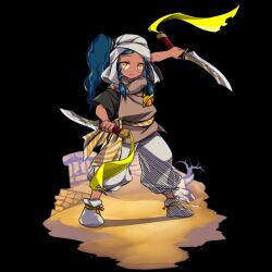  1girl bare_tree bell black_background blue_hair blush braid closed_mouth dual_wielding fighting_stance full_body hand_up highres holding holding_sword holding_weapon jewelry long_hair merc_storia merc_storia_art_team necklace nui_(merc_storia) official_art pants reverse_grip sash shoes short_sleeves side_braids side_ponytail simple_background smile solo standing sword tachi-e tree tsurime turban wavy_hair weapon white_pants white_shoes yellow_eyes 