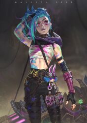  absurdres alex_malveda arcane:_league_of_legends arcane_jinx arm_tattoo belt black_gloves black_pants blue_hair bodypaint breasts brown_belt chest_sarashi cloud_tattoo cowboy_shot dirty dirty_clothes doll explosive eyebrow_cut facepaint fingerless_gloves gloves grenade hand_in_own_hair high-waist_pants highres holster jinx_(league_of_legends) league_of_legends legs_apart looking_at_viewer narrow_waist pants purple_lips rocket_launcher sarashi shoulder_tattoo skinny small_breasts standing stomach_tattoo tattoo violet_eyes weapon 