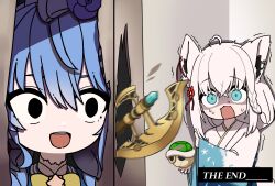  2girls absurdres axe breaking breaking_through_wall broken_door crazy_smile here's_johnny!_(meme) highres hole_in_wall hololive hoshimachi_suisei matching_outfits meme multiple_girls parody scared scene_reference screaming shirakami_fubuki smile the_shining virtual_youtuber yume_tiem 