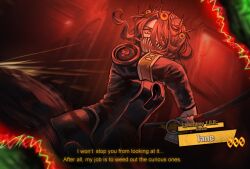  armband brown_hair circular_saw cocainia413 commentary e.g.o_(project_moon) english_commentary extra_eyes highres holding holding_weapon leather_coat limbus_company lobotomy_corporation_(identity)_(project_moon) looking_at_viewer looking_down open_mouth original project_moon saw schadenfreude_(project_moon) sharp_teeth teeth weapon yellow_eyes 