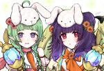  2girls ahoge animal_ears bangs blunt_bangs braid dragon_wings fake_animal_ears fire_emblem fire_emblem:_the_sacred_stones fire_emblem_awakening fire_emblem_heroes flower green_hair hair_flower hair_ornament highres looking_at_viewer misato_hao multiple_girls myrrh_(fire_emblem) nah_(fire_emblem) official_alternate_costume open_mouth pointy_ears purple_hair rabbit_ears red_eyes sunflower twin_braids twintails violet_eyes wings 