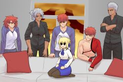  3boys 3girls archer_(fate) artoria_pendragon_(fate) black_shirt commentary couch dark-skinned_male dark_skin dress emiya_shirou english_commentary fate/grand_order fate/stay_night fate_(series) genderswap highres igno_art meme multiple_boys multiple_girls on_couch piper_perri_surrounded_(meme) red_hair saber_(fate) senji_muramasa_(fate) shirt single_bare_shoulder spiky_hair t-shirt toned toned_male unlimited_blade_works_(reality_marble) white_hair 