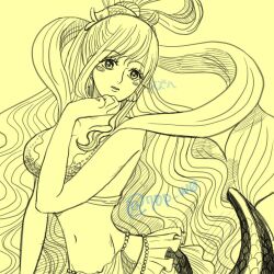  1girl 70p_w0 bikini bikini_top_only blush blush_stickers commentary_request earrings eyelashes fish_hair_ornament hagoromo hair_ornament half_updo highres jewelry mermaid monster_girl navel one_piece shawl shell shell_earrings shirahoshi solo sticker swimsuit yellow_theme 