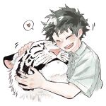  1boy animal aqistory boku_no_hero_academia closed_eyes collared_shirt commentary_request freckles green_hair green_shirt heart highres male_focus midoriya_izuku official_alternate_costume open_mouth petting shirt short_hair short_sleeves simple_background smile spoken_heart thai_commentary tiger white_background white_tiger 