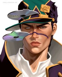  1boy artist_name baseball_cap cd cheekbones closed_mouth comic_panel_redraw commentary derivative_work earrings english_commentary grey_eyes hat high_collar highres jewelry jojo_no_kimyou_na_bouken josela_ferreyra kujo_jotaro lips looking_at_viewer male_focus portrait purple_hair purple_hat shirt simple_background solo stone_ocean stud_earrings white_background white_shirt 