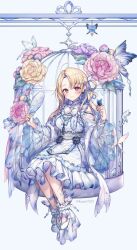  1girl :3 ahoge ankle_garter ankle_strap avatar_2.0_project bare_shoulders bell_sleeves birdcage blonde_hair blue_butterfly blue_dress blue_hair blue_nails blue_ribbon blush braid breast_curtains breasts bug butterfly butterfly_earrings butterfly_hair_ornament butterfly_on_hand cage charm_(object) chinese_clothes closed_mouth clothing_cutout collarbone colored_inner_hair commentary_request dress dress_flower earrings floral_print floral_print_dress flower foot_dangle frilled_dress frilled_sleeves frills full_body gem grey_background hair_ornament hair_ribbon hair_rings hairclip hand_fan hands_up highres holding holding_fan in_cage jewelry komeshiro_kasu leg_tattoo legs_together lolita_fashion long_hair long_sleeves looking_at_viewer medium_breasts medium_dress minase_shia multicolored_hair nail_polish neck_tassel official_art pearl_(gemstone) peony_(flower) pink_butterfly pink_eyes pink_flower print_dress purple_flower qi_lolita ribbon see-through_clothes see-through_sleeves shawl shoes shoulder_cutout side_braid side_part simple_background single_earring single_hair_ring sitting smile solo tassel tassel_earrings tattoo tuanshan twitter_username two-tone_dress two-tone_hair virtual_youtuber white_butterfly white_dress white_shawl white_shoes winged_shoes yellow_flower 