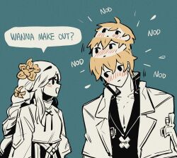  1boy 1girl blonde_hair blue_background blush braid braided_ponytail collarbone couple dizzy_(guilty_gear) english_text guilty_gear guilty_gear_strive highres husband_and_wife jacket jacket_on_shoulders ky_gwangin ky_kiske long_hair looking_at_another monochrome nodding queen_dizzy short_hair sidelocks simple_background swept_bangs v-neck white_jacket 