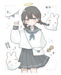  1girl braid checkerboard_cookie cookie cowboy_shot food grey_sailor_collar grey_skirt halo hand_up highres long_sleeves looking_at_viewer miniskirt mochi_(mogumogu_32) original pleated_skirt sailor_collar school_uniform serafuku shirt skirt standing traditional_halo twin_braids white_shirt 