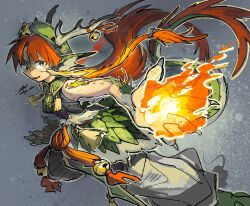  1girl bell claws commentary_request doggo_1d34 dragon_ears dragon_girl dragon_horns dragon_tail fang fire furrification furry furry_female green_eyes green_hat green_scales hat hat_ornament highres hong_meiling hong_meiling_(dragon) horn_bell horns long_hair looking_at_viewer open_mouth orange_hair pants pyrokinesis scales smile solo star_(symbol) star_hat_ornament tail touhou very_long_hair white_pants 