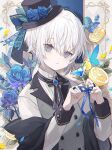  1boy alcohol bangs black_headwear blue_flower blue_ribbon blue_rose champagne child closed_mouth commentary english_commentary flower food fruit hair_between_eyes hat highres lemon lemon_slice looking_at_viewer male_child male_focus namiki_itsuki original ribbon rose short_hair top_hat violet_eyes white_hair 