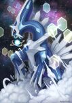  animal_focus black_sclera closed_mouth clouds colored_sclera dialga energy_ball feet_out_of_frame flying gem kemonomichi_(blue_black) no_humans pokemon pokemon_(creature) red_eyes solo space star_(sky) twitter_username 