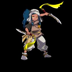  1girl bell black_background blue_hair blush braid closed_mouth dual_wielding fighting_stance full_body hand_up highres holding holding_sword holding_weapon jewelry long_hair merc_storia merc_storia_art_team necklace nui_(merc_storia) official_art pants reverse_grip sash shoes short_sleeves side_braids side_ponytail simple_background smile solo standing sword tachi-e tsurime turban wavy_hair weapon white_pants white_shoes yellow_eyes 