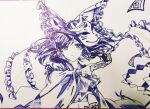  1girl ballpoint_pen_(medium) blue_theme bow chinese_commentary closed_mouth detached_sleeves fox_mask frilled_bow frilled_hair_tubes frilled_ribbon frills frown gohei hair_bow hair_ribbon hair_tubes hakurei_reimu holding looking_at_viewer mask mask_on_head medium_hair monochrome photo_(medium) ribbon ribbon-trimmed_sleeves ribbon_trim ruanjun_demao sidelocks solo split_mouth talisman touhou traditional_media upper_body vest wide_sleeves 