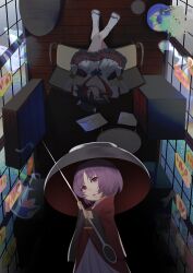  2girls absurdres arrow_print black_sash blue_bow blue_bowtie bow bowl bowl_hat bowtie closed_eyes commentary cone_horns dress grey_horns hat highres holding holding_needle horns japanese_clothes kijin_seija kimono long_sleeves medium_hair mini_person minigirl multicolored_dress multicolored_hair multiple_girls needle no_noru obi open_mouth pink_eyes purple_hair red_hair red_kimono sash sitting small_horns streaked_hair sukuna_shinmyoumaru touhou upside-down white_dress wide_sleeves 