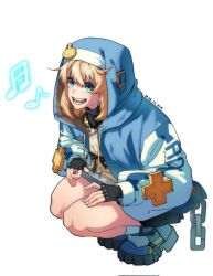 1girl androgyne_symbol artist_name black_bow black_gloves blonde_hair blue_eyes blue_hoodie blue_jacket bow bridget_(guilty_gear) chain commentary corrupted_twitter_file cross dated fingerless_gloves gloves guilty_gear guilty_gear_strive hair_between_eyes hashtag-only_commentary highres hilih_0107 hood hoodie jacket medium_hair music musical_note oversized_object pleated_skirt shaded_face simple_background singing skirt squatting thighs tiptoes transgender white_background