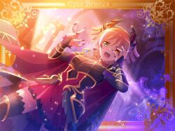  1girl armor aura black_horns black_thighhighs border bridal_gauntlets cape daiba_nana demon_horns dress dutch_angle fake_horns furrowed_brow game_cg green_eyes hand_on_own_face heterochromia horns jewelry light_rays looking_at_viewer necklace official_art open_mouth ornate_border outside_border purple_nails red_cape red_dress red_hair short_hair short_twintails shoujo_kageki_revue_starlight shoujo_kageki_revue_starlight_-re_live- solo thigh-highs twintails upper_body 